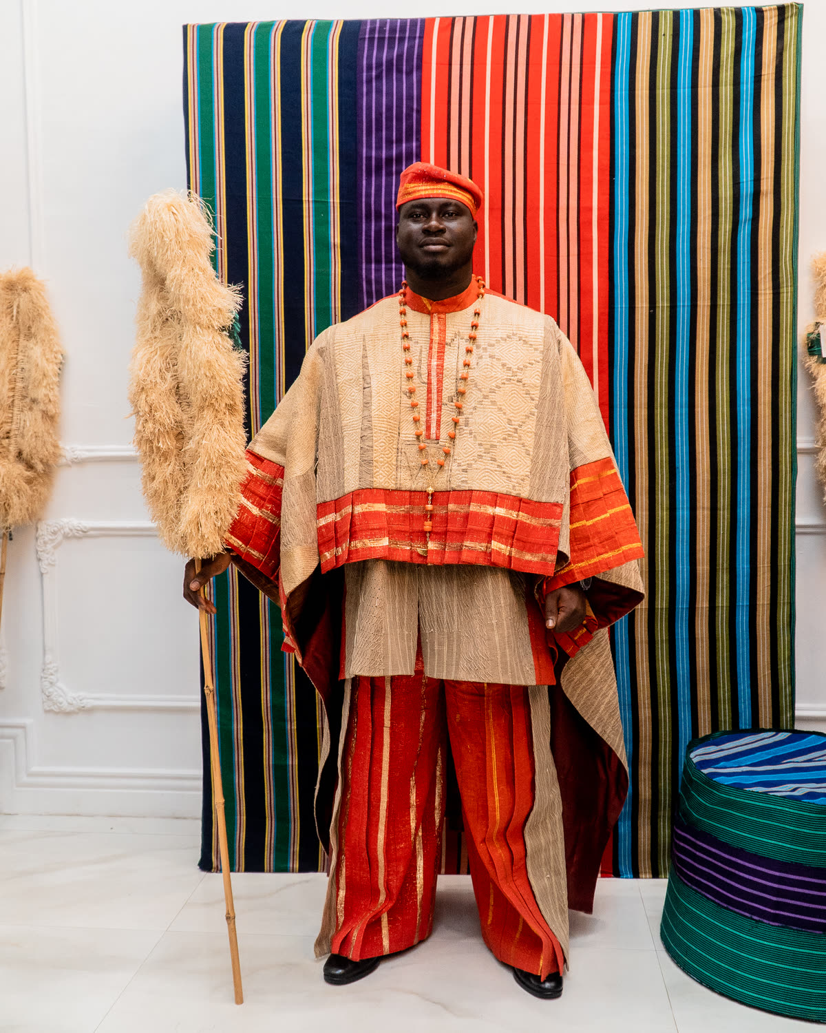 Full-length aso-oke regalia, hand-woven in the Lagos atelier